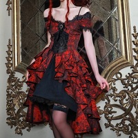 Dark Gothic Dream Red Princess Queen Lace Brooch Black Jacquard Off Shoulder Layered Dress - Thumbnail 9