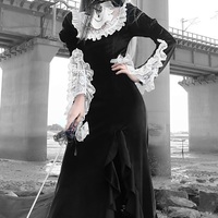 Gothic Women Girl Medieval Vampire Lace Brooce Velvet Fishtail Dress - Thumbnail 2