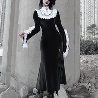 Gothic Women Girl Medieval Vampire Lace Brooce Velvet Fishtail Dress - Thumbnail 3