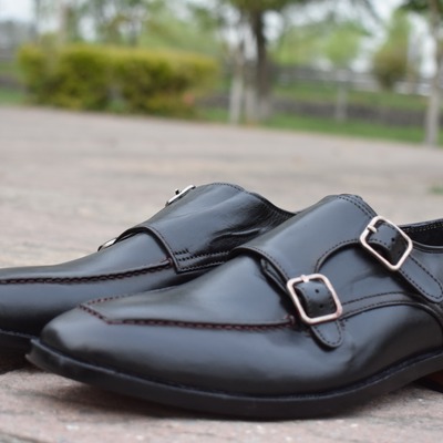 Best wear men's hand stitch black genuine leather double monk strap formal shoes