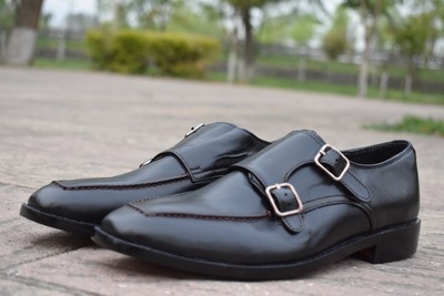 Best Wear Men's Hand Stitch Black Genuine Leather Double Monk Strap Formal Shoes