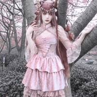 Guardian of Sakura Tress Gothic Lace Velvet Pink Cake Short Dress - Thumbnail 5