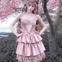 Guardian of Sakura Tress Gothic Lace Velvet Pink Cake Short Dress - Thumbnail 4