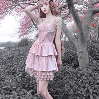 Guardian of Sakura Tress Gothic Lace Velvet Pink Cake Short Dress - Thumbnail 6