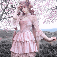 Guardian of Sakura Tress Gothic Lace Velvet Pink Cake Short Dress - Thumbnail 7