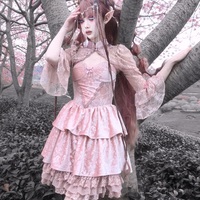 Guardian of Sakura Tress Gothic Lace Velvet Pink Cake Short Dress - Thumbnail 8