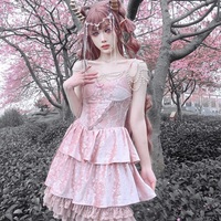 Guardian of Sakura Tress Gothic Lace Velvet Pink Cake Short Dress - Thumbnail 9
