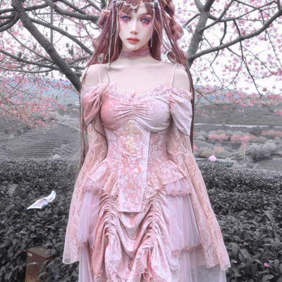 Guardian of sakura tress gothic lace velvet pink cross top skirt two piece set