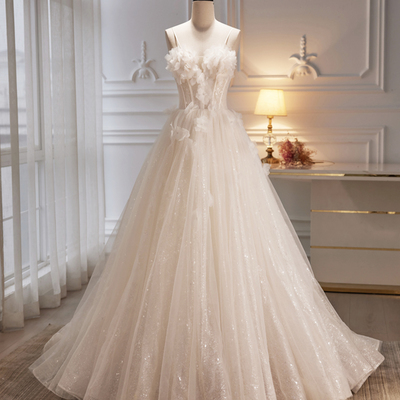 Champagne strapless long tulle prom dress, cute a-line evening party dress - Thumbnail 1