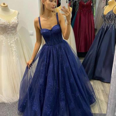 Straps a line blue tulle long prom evening gown - Thumbnail 2
