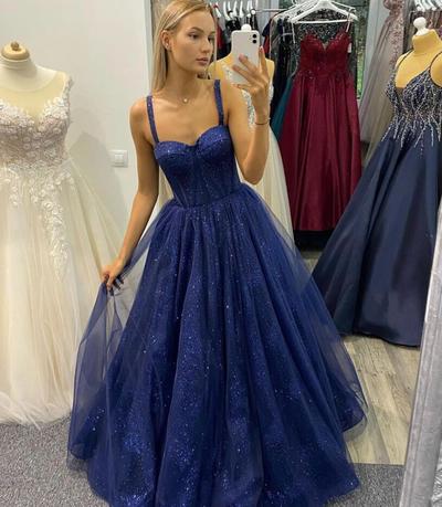 Straps A Line Blue Tulle Long Prom Evening Gown