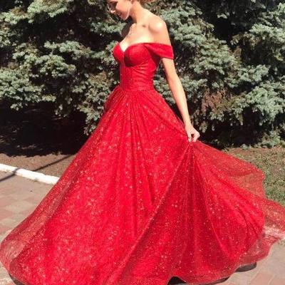 Off shoulder sparkly red a line prom dresses  - Thumbnail 1