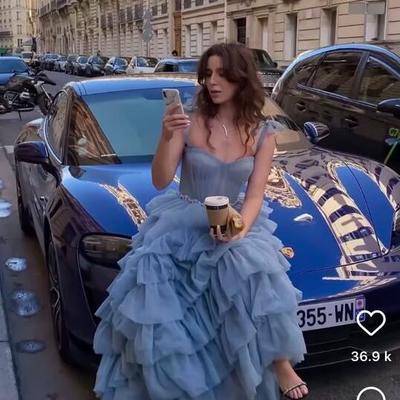 Beautiful dusty blue chiffon ruffles evening dresses with beading - Thumbnail 2