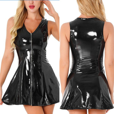 Black PVC Patent Mirror Leather Zip Dress