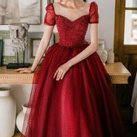 A Line Burgundy Tulle Beading Prom Dresses - Thumbnail 1