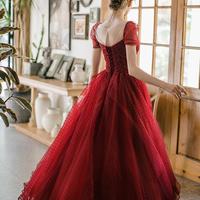 A Line Burgundy Tulle Beading Prom Dresses - Thumbnail 2