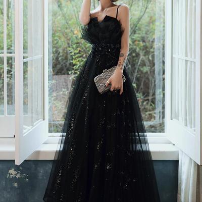 A line black lace sequins long tulle prom dresses - Thumbnail 2