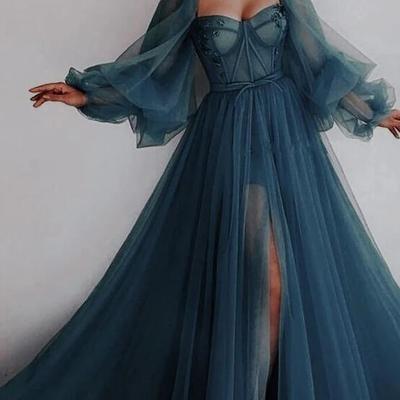 Charming long sleeve tulle long prom dress evening dress - Thumbnail 3