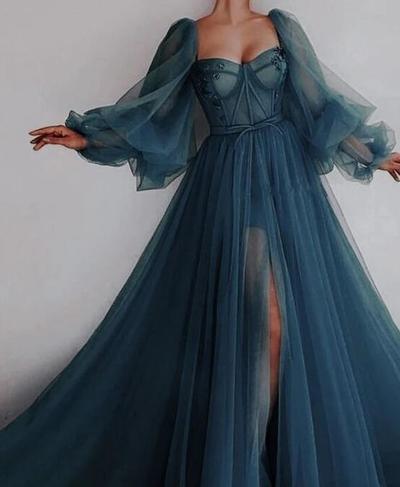 Charming Long Sleeve Tulle Long Prom Dress Evening Dress
