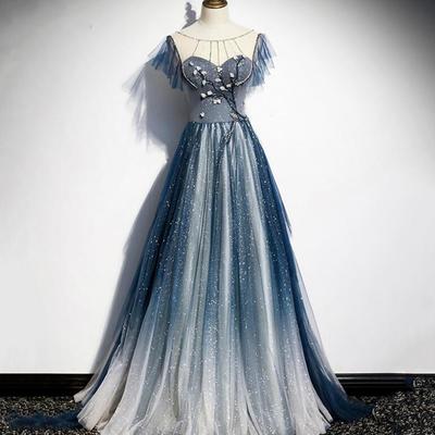 A line blue v back tulle prom dress - Thumbnail 2