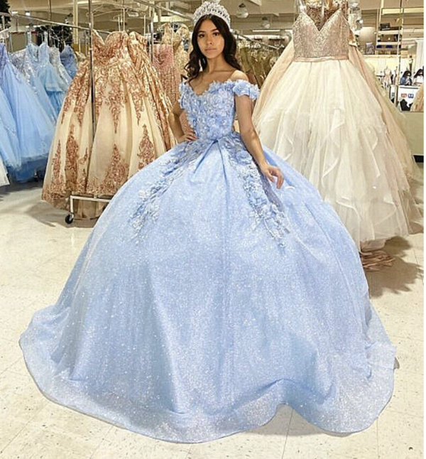  Off Shoulder Sky Blue Pageant Gown Sweet 16 Birthday Dresses