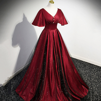 Burgundy V-Neck Satin Tulle Long Prom Dress, A-Line Evening Dress - Thumbnail 1