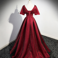 Burgundy V-Neck Satin Tulle Long Prom Dress, A-Line Evening Dress - Thumbnail 2