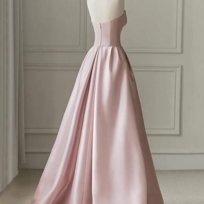 Floor length strapless pink a-line satin prom dresses