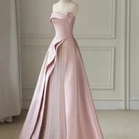 Floor Length Strapless Pink A-Line Satin Prom Dresses - Thumbnail 1