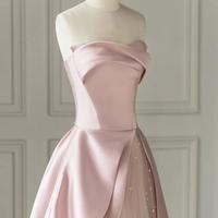 Floor Length Strapless Pink A-Line Satin Prom Dresses - Thumbnail 3
