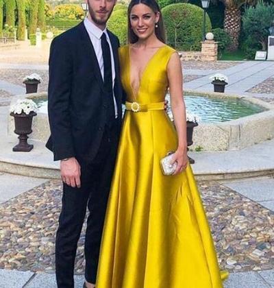 Elegant Deep V-neck Ginger Satin Prom Dresses