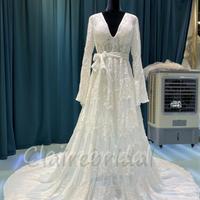 Beautiful Long Sleeves V-neck Lace Wedding Dresses - Thumbnail 1