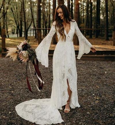 Beautiful Long Sleeves V-neck Lace Wedding Dresses
