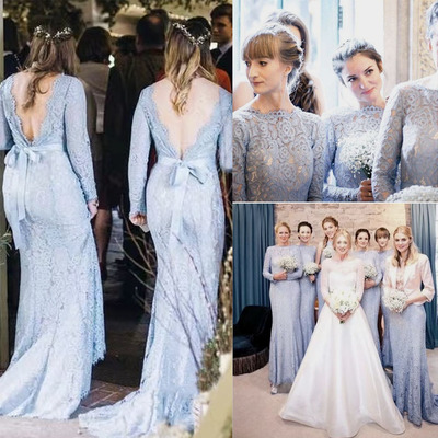 Two Piece Sky Blue Bridesmaid Dresses V Back