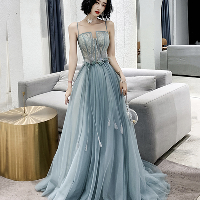 Blue spaghetti strap tulle long prom dress with lace - Thumbnail 2