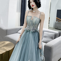 Blue Spaghetti Strap Tulle Long Prom Dress with Lace - Thumbnail 1
