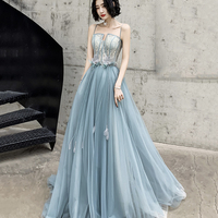 Blue Spaghetti Strap Tulle Long Prom Dress with Lace - Thumbnail 2