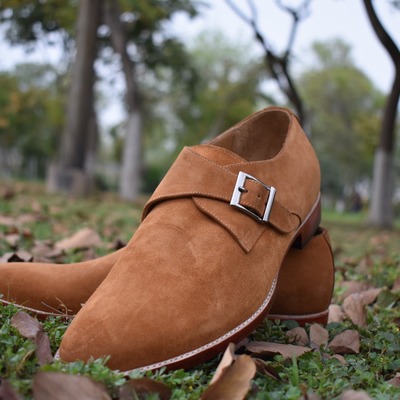 Latest style brown attractive hand stitch monk shoes, genuine suede formal shoes