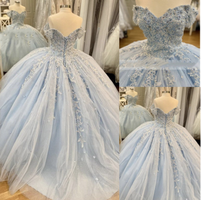 Light Sky Blue Prom Dresses Birthday Gown with Lace 