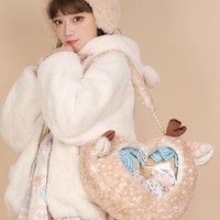 Kawaii Cute Girl Soft Plush Deer Fawn Heart Cartoon Shoulder Messenger Bag - Thumbnail 2