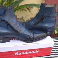  Jo Ghost Italian Blue Black Ankle High Boots with Zippers and Buttons - Thumbnail 1
