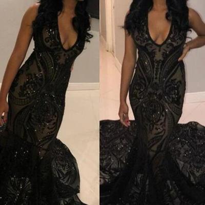 Sexy mermaid black girl v-neck sleeveless sequin prom dresses  - Thumbnail 2