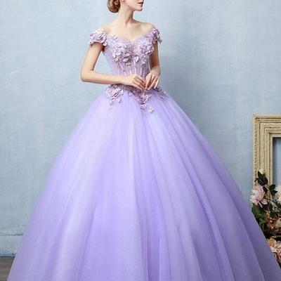 Light purple ball gown tulle lace long prom dresses - Thumbnail 1