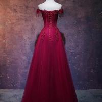 Beautiful Off Shoulder Wine Red Tulle Long Prom Dress - Thumbnail 1