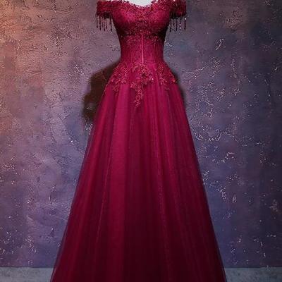 Beautiful off shoulder wine red tulle long prom dress - Thumbnail 2