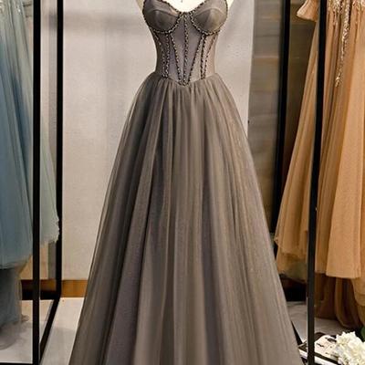 A line grey tulle long banquet party dresses  - Thumbnail 2
