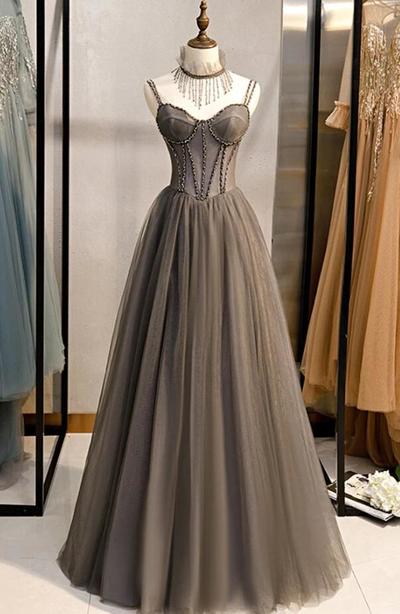 A Line Grey Tulle Long Banquet Party Dresses 