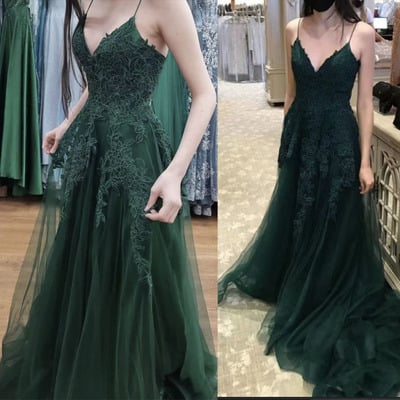 Forest green prom dresses spaghetti straps tulle - Thumbnail 1
