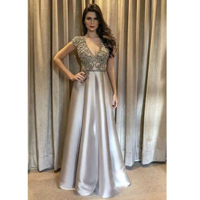 V Neck Prom Dresses with Beading Silver Satin