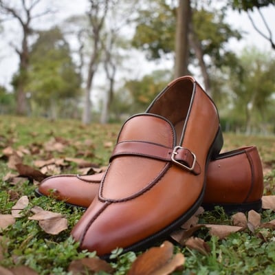 Best hand stitch stylish brown monk split style leather attractive shoes for best person